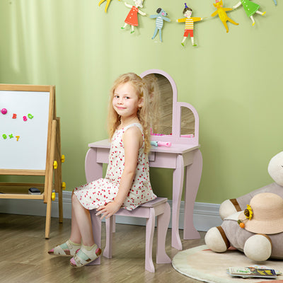 Kids Vanity Dressing Table Set with Mirror and Storage Drawer for Bedroom, Pink