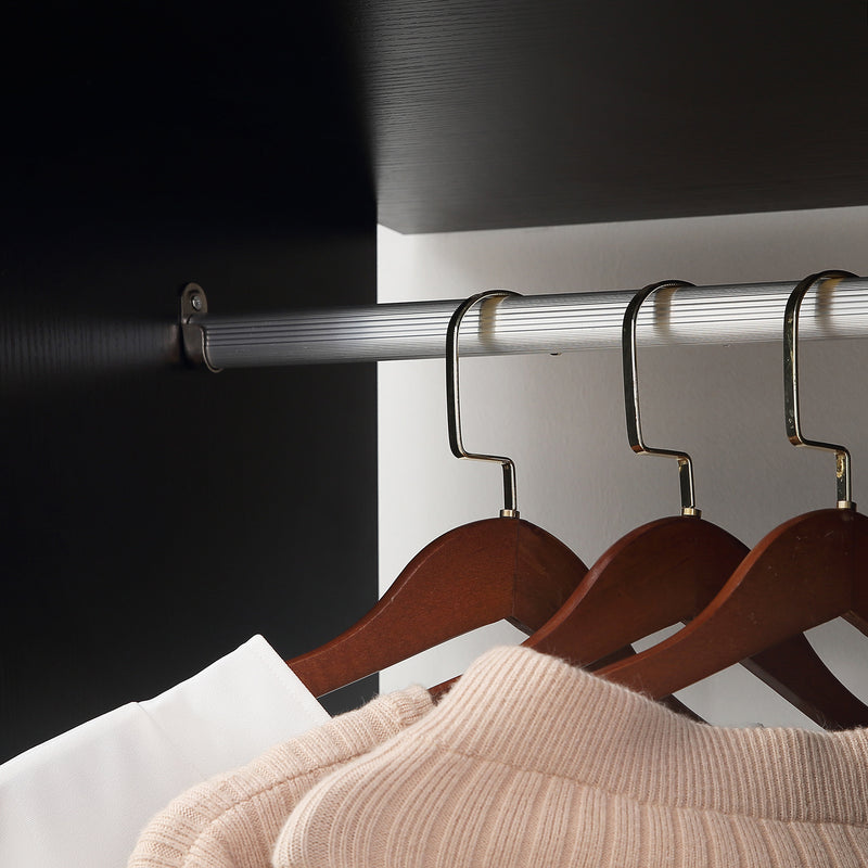 Black Double Open Wardrobe With 6 Wheels And Shelves For Mobile Bedroom Storage