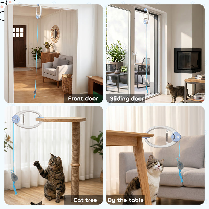 Automatic Doorway Cat Toy With Timer For Indoor Play And Scratch Prevention White Blue Pawhut