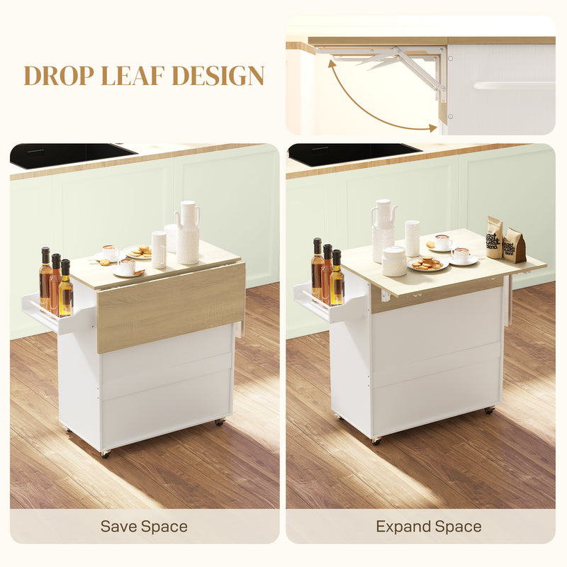 Rolling Kitchen Island Trolley with Drop Leaf Drawer and Storage Shelves White 106x42x87cm
