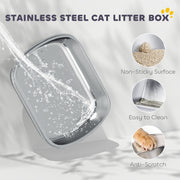 Enclosed Stainless Steel Cat Litter Box With Scoop Flip Lid For Mess Free Cleaning, Silver