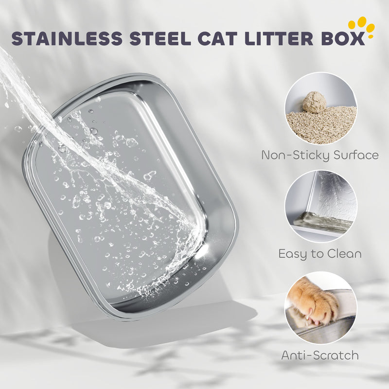 Enclosed Stainless Steel Cat Litter Box With Scoop Flip Lid For Mess Free Cleaning, Silver