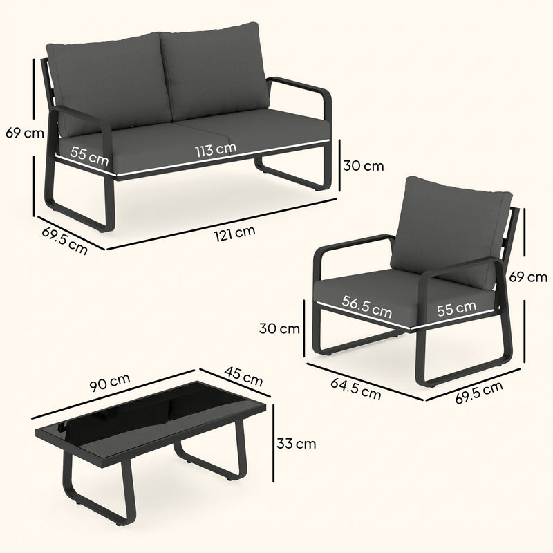 Garden Sofa Set for Four with Cushions and Coffee Table for All Weather Use Black Light Grey Outsunny