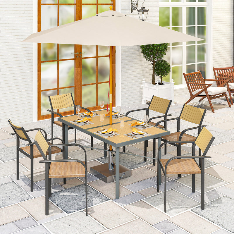 6 Seater Garden Dining Table with Umbrella Hole Rust Resistant Frame Wood Effect Top by Outsunny