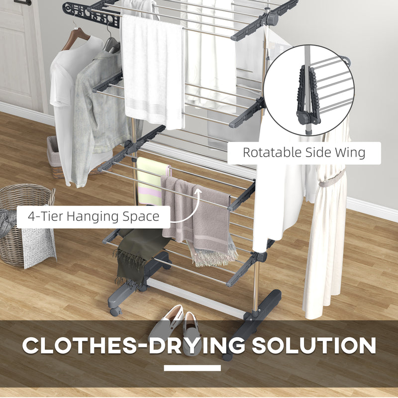 Foldable Clothes Drying Rack with Side Arms and Wheels for Indoor Use, Grey