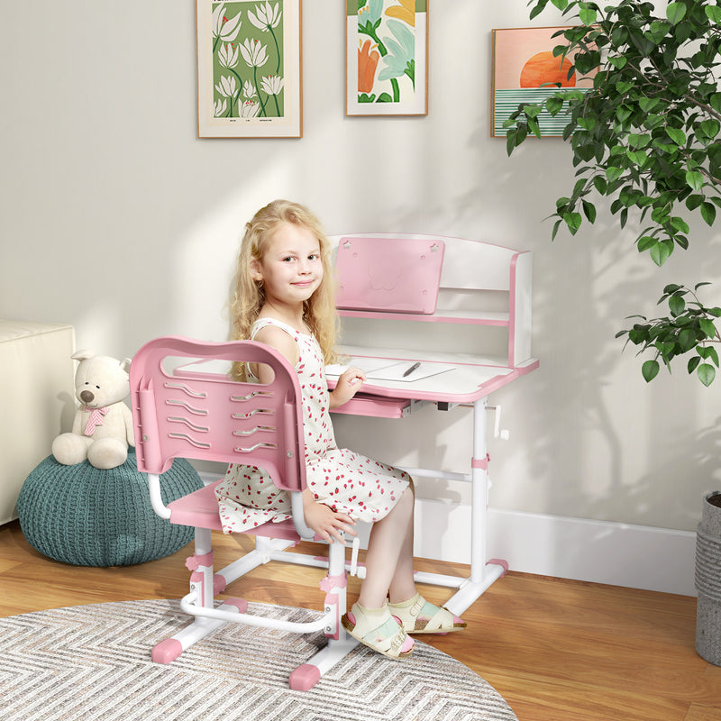 Height Adjustable Kids Study Desk and Chair Set with Storage Shelf and Drawer, Pink