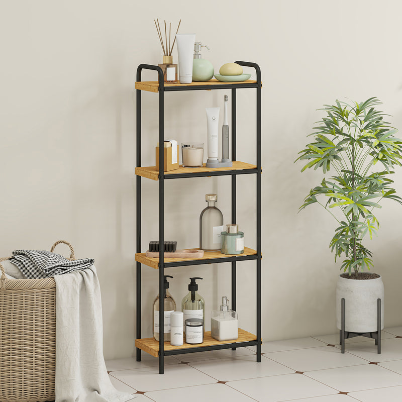 4 Tier Freestanding Bamboo Storage Shelf For Bathroom Or Kitchen With Slatted Design, Natural and Black