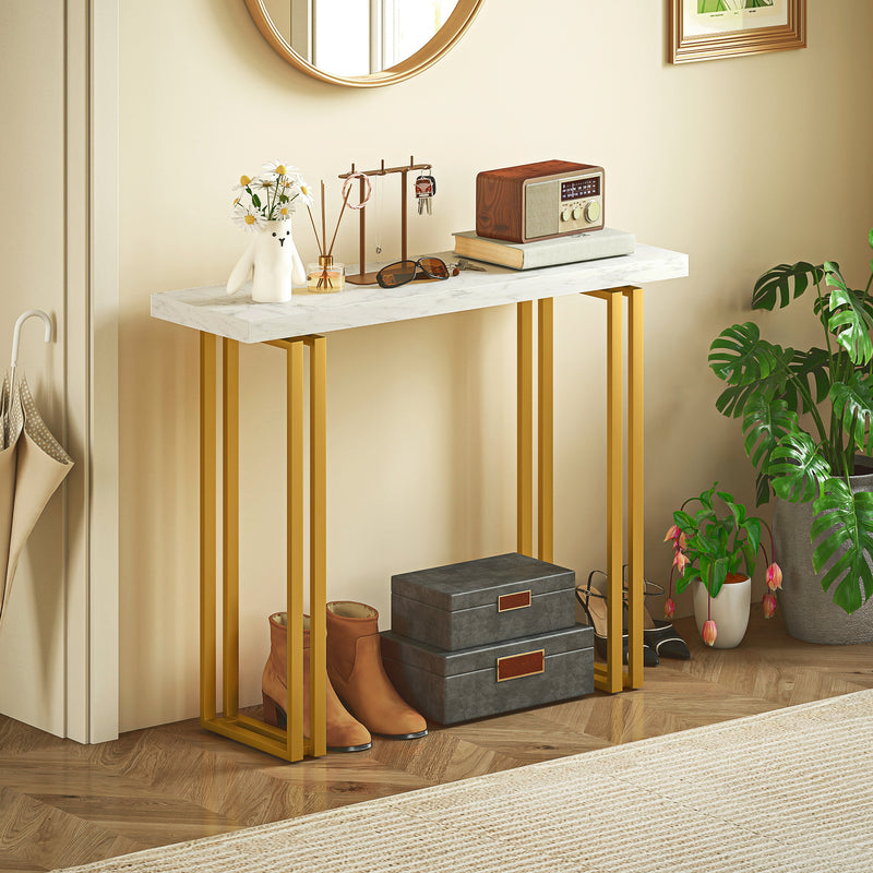 Narrow Console Table with Faux Marble Top and Anti Tip Design for Hallways White