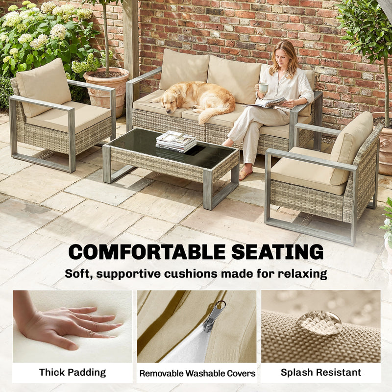 Rattan Garden Furniture Set for Relaxed Outdoor Seating with Cushions and Coffee Table, Khaki