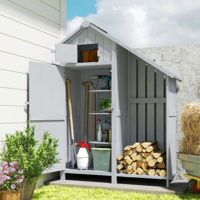 Small Grey Wooden Storage Shed with 3 Shelves and Log Rack for Garden Organisation  121 x 45 x 180cm Outsunny
