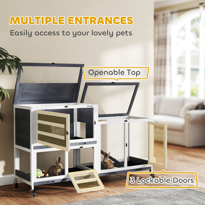 Wooden Rabbit Hutch with Run 2 Tier Guinea Pig Cage on Wheels 3 Trays 2 Openable Tops by PawHut