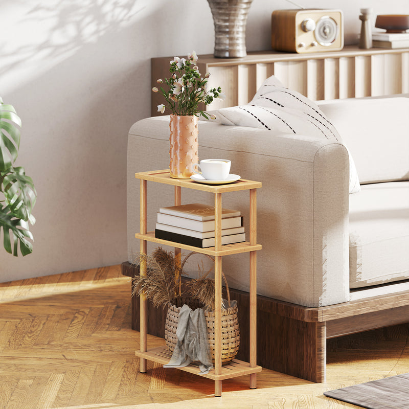 3 Tier Slim Bamboo Side Table With Storage For Living Room Or Bedroom Natural Wood Finish