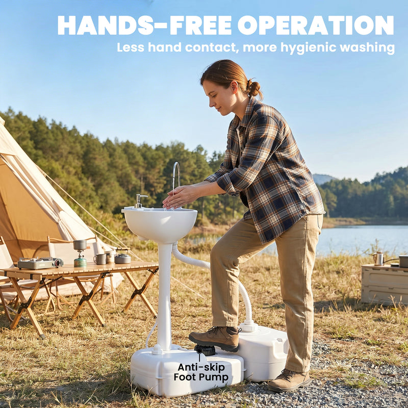 Outsunny Portable Camping Sink with Running Water and Wastewater Tank, Hand Wash Basin with Rolling Wheels, Foot Pump, Soap Dispenser for Outdoor Events, Gatherings, Picnic