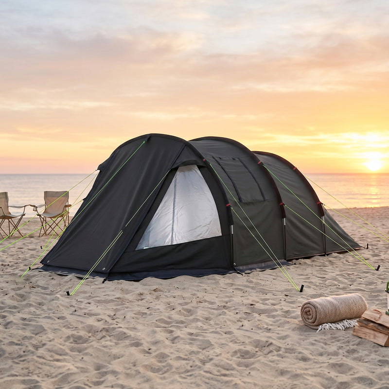 Outsunny 3-4 Man Tunnel Tent, Two Room Camping Tent with Windows, Portable Carry Bag, for Fishing, Hiking, Sports, Festival - Black