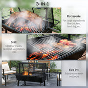 3 in 1 Barbecue Grill Fire Pit and Rotisserie Roaster with Protective Cover, Black