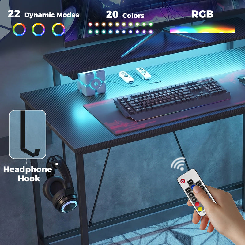 L Shaped Desk with Shelves and LED Lighting for Organised Home Office Black