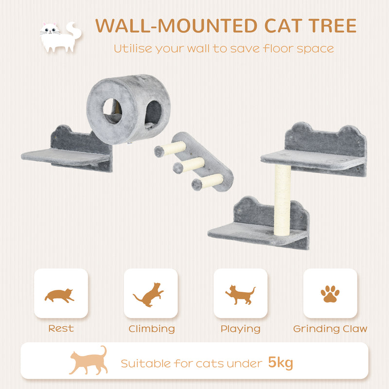 Wall Mounted Cat Tree with Steps Perch and Hidden House Ideal for Climbing, Grey