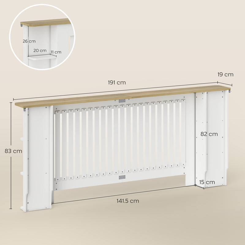 White Extra Large Radiator Cover with Storage Shelves for Living Room or Hallway, 191 x 19 x 83cm
