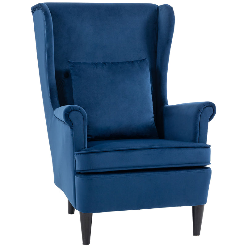 Velvet Wingback Armchair for Reading and Relaxing with Cushioned Support Blue Homcom