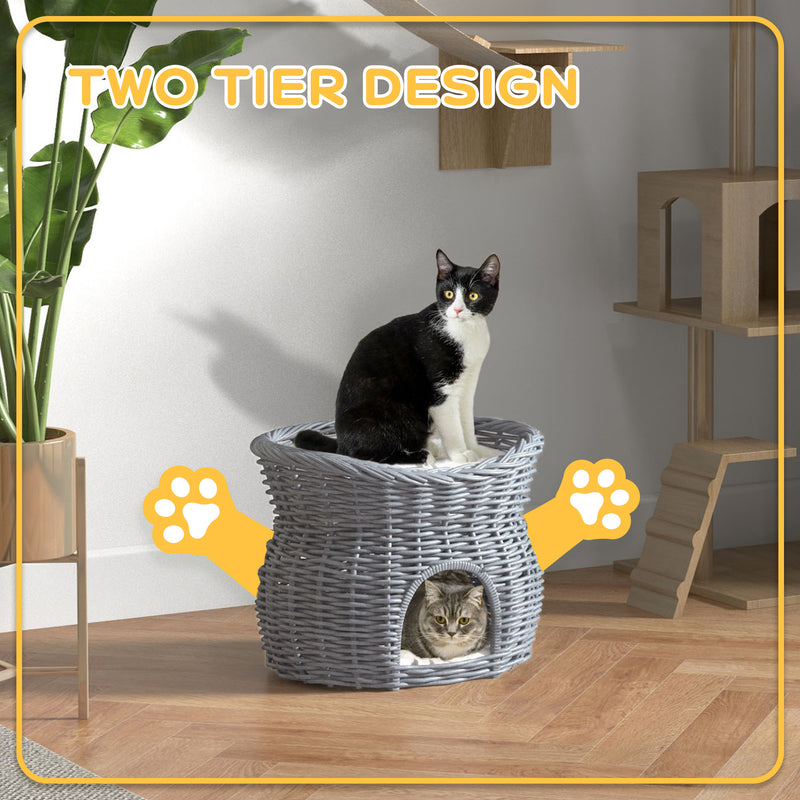 2 Tier Wicker Cat House with Washable Cushions Elevated Pet Bed for Kittens, Grey