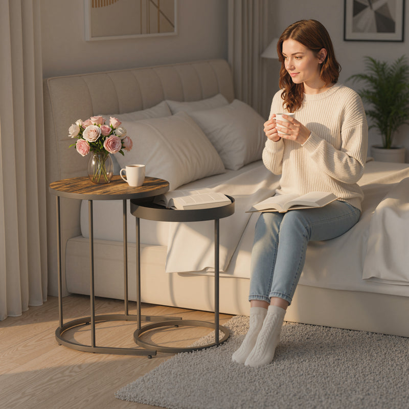 Set of 2 Round Nesting Side Tables with Space Saving Design for Living Room Rustic Brown