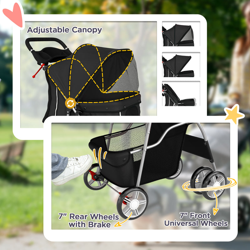 Foldable Pet Stroller With 360 Degree Swivel Wheels And Reflective Strips, Black