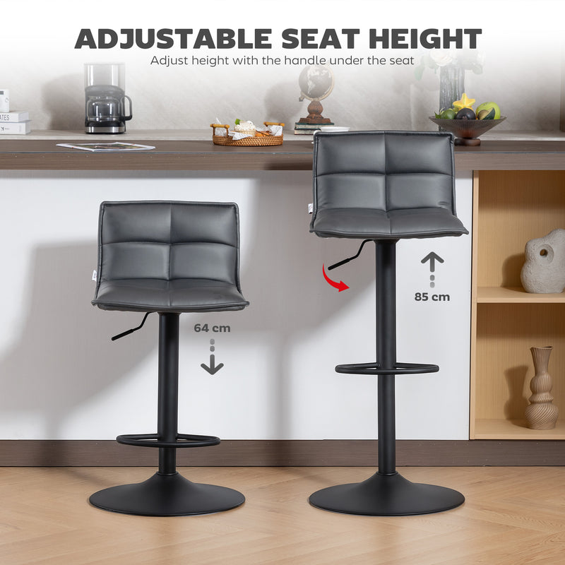 Set of Two Adjustable Faux Leather Bar Stools With Footrest For Kitchen Island Dark Grey