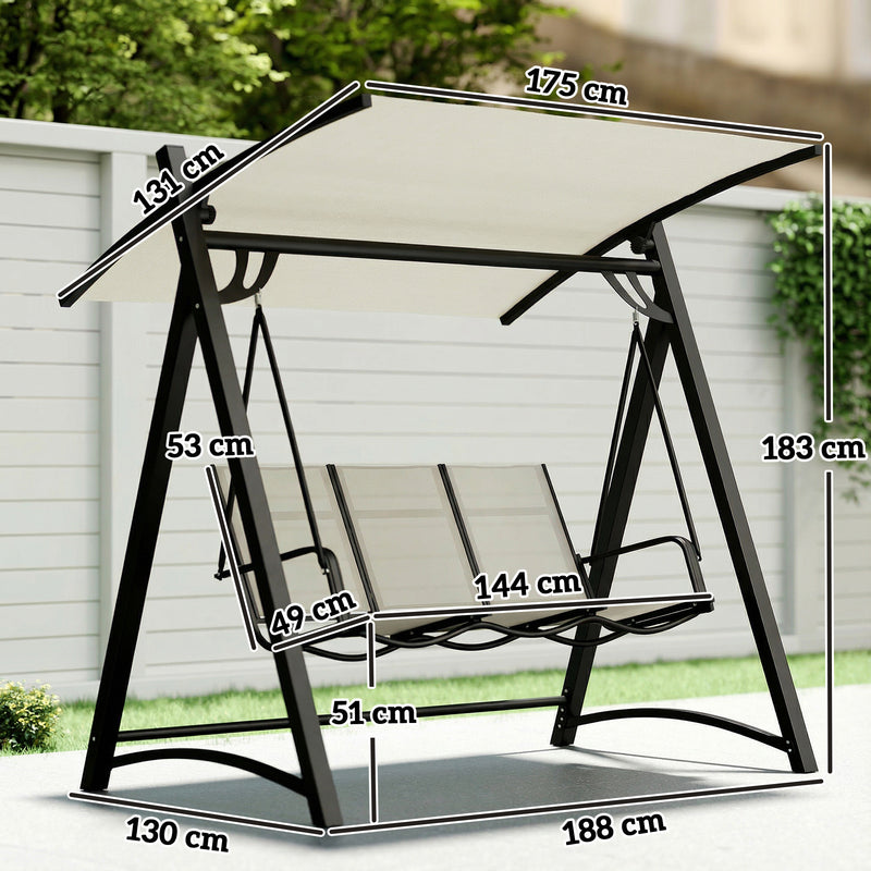 Garden Swing Chair 3 Seater with Adjustable Canopy for Shaded Outdoor Relaxing, Cream White Outsunny
