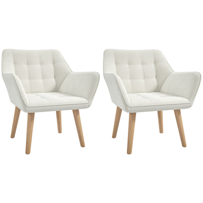 Set of 2 Slanted Back Armchairs with Thick Padding for Living Room Comfort Cream White
