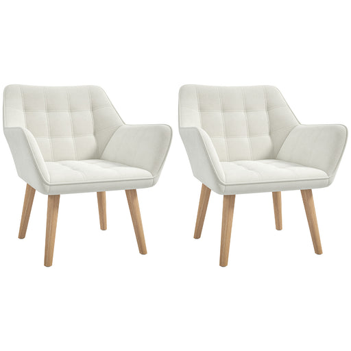 Set of 2 Slanted Back Armchairs with Thick Padding for Living Room Comfort Cream White