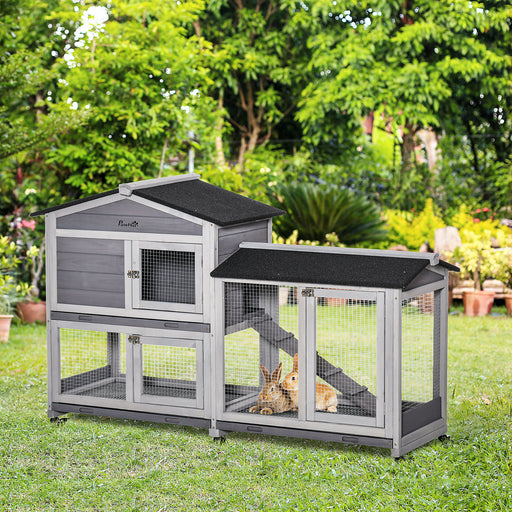 Wooden Rabbit Hutch With Run and Slide Out Tray for Guinea Pigs on Wheels Grey