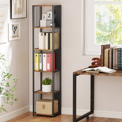 5 Tier Industrial Bookshelf With Steel Frame For Home Office Or Living Room Rustic Brown