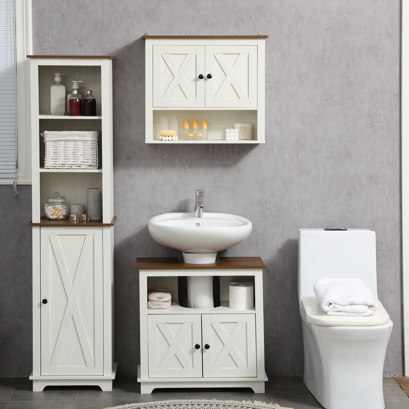 Under Sink Bathroom Cabinet with Double Doors and Open Shelf for Extra Storage White Brown AOSOM