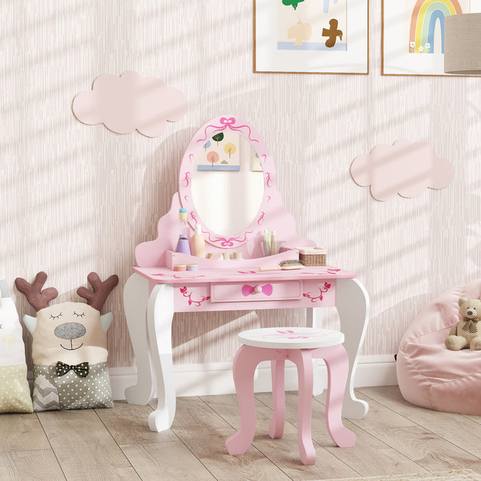 Pink Kids Dressing Table Set with Stool Mirror Drawer and Ballet Theme by AIYAPLAY