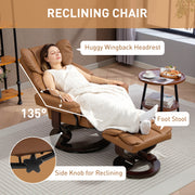 Reclining Swivel Armchair With Footstool And Wooden Base For Lounge Or Office Brown