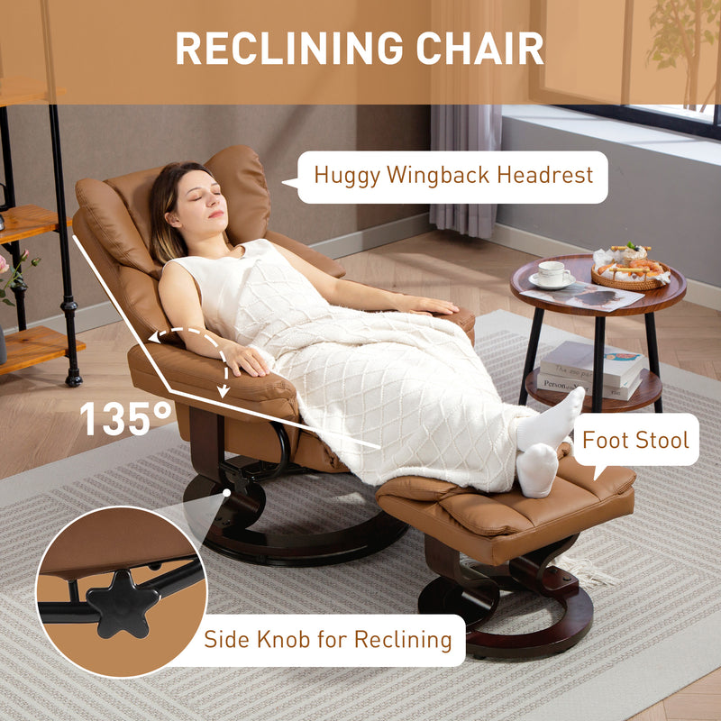 Reclining Swivel Armchair With Footstool And Wooden Base For Lounge Or Office Brown