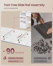 Tool-Free Slide Rail Assembly with screws and assembly process illustration.