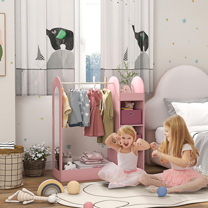 Kids Clothes Rail with Storage Shelf Mirror and Boxes for Bedroom or Nursery Pink by AIYAPLAY