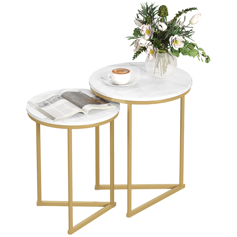 Set of Two White Marble Effect Nesting Tables with Gold Tone Frame by HOMCOM