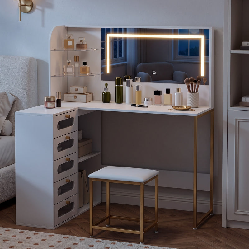 Corner Dressing Table Set with Adjustable LED Mirror and Organised Storage White Gold