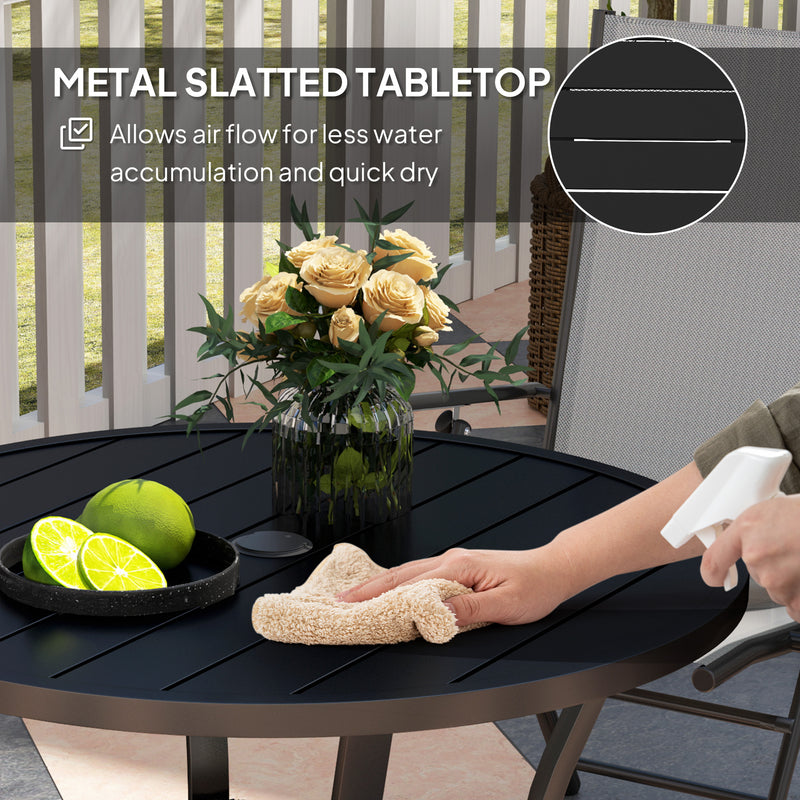 90 cm Round Steel Garden Dining Table with Parasol Hole and Shelf Black by Outsunny