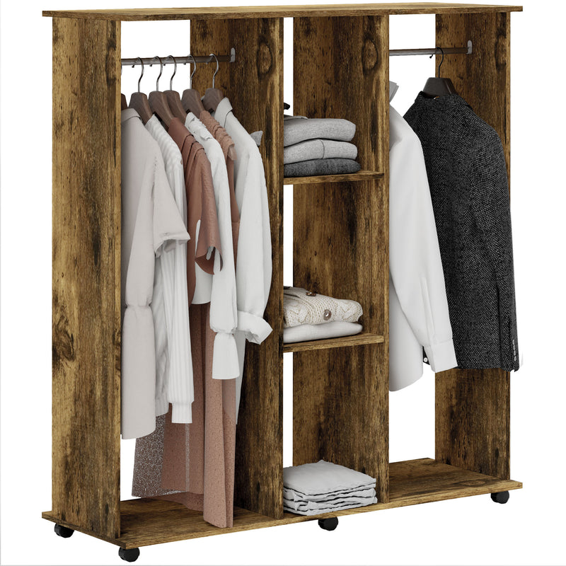 Rustic Brown Open Double Wardrobe with Mobile Storage Shelves and 6 Wheels by HOMCOM