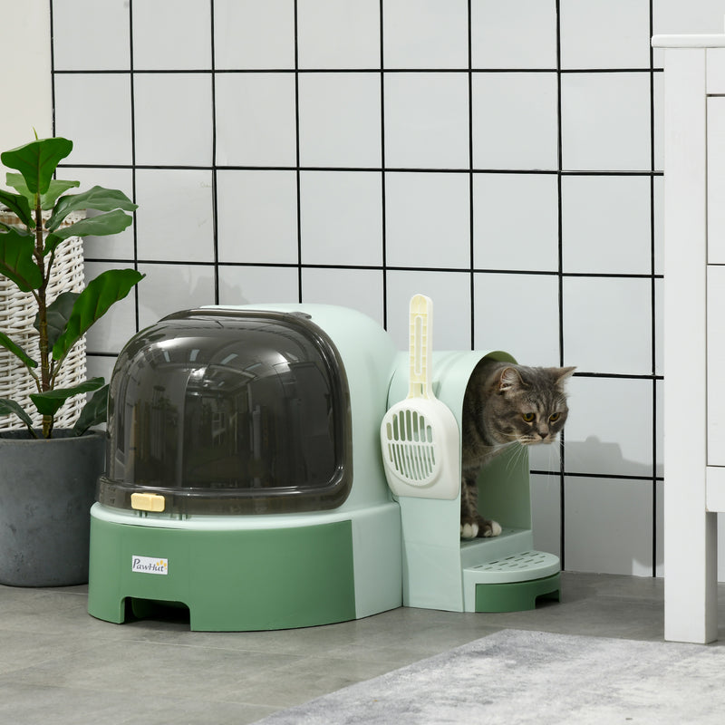 2 in 1 Enclosed Cat Litter Box With Drawer Tray Scoop and Easy Access Top, Green