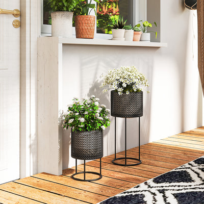 Metal Planter Set of 2 for Indoor or Outdoor Plants with Modern Woven Design Black AOSOM