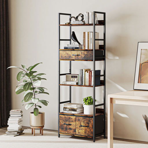 Industrial Style Bookcase With 4 Open Shelves And 3 Storage Drawers For Home Office Brown Black