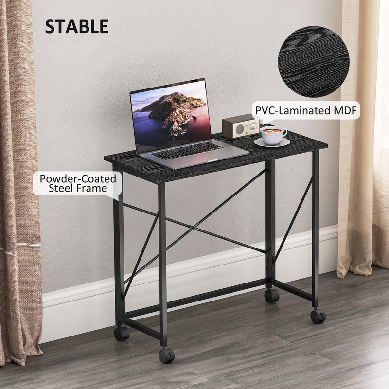 Black 80cm Folding Desk on Wheels for Home Office or Study Space Saving Design