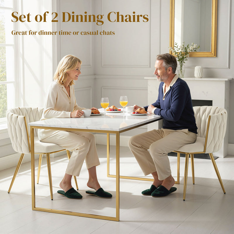 Velvet Dining Chairs With Gold Legs Set of 2  Woven Back and Armrests Ideal for Modern Homes