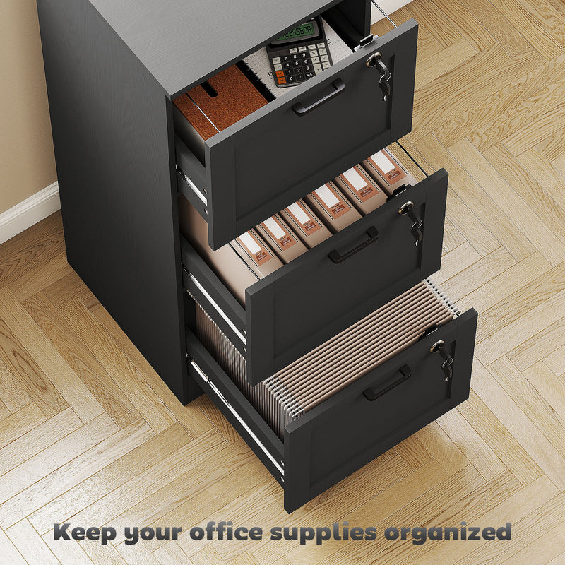 Black Lockable 3 Drawer Office Filing Cabinet With Smooth Rolling Wheels For Home Office 40W x 40D x 101H cm