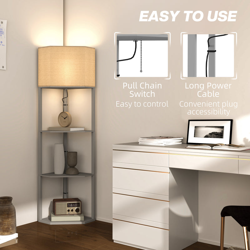 Grey Corner Floor Lamp with Shelves Tall Standing Light for Living Room Pull Chain Switch by HOMCOM