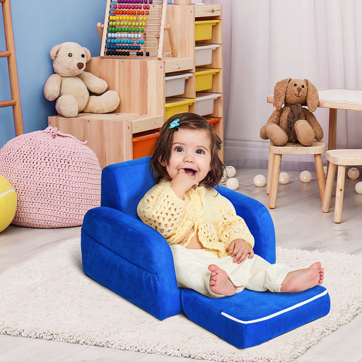 2 in 1 Kids Armchair and Fold Out Sofa Bed with Wooden Frame for Bedroom Use, Blue